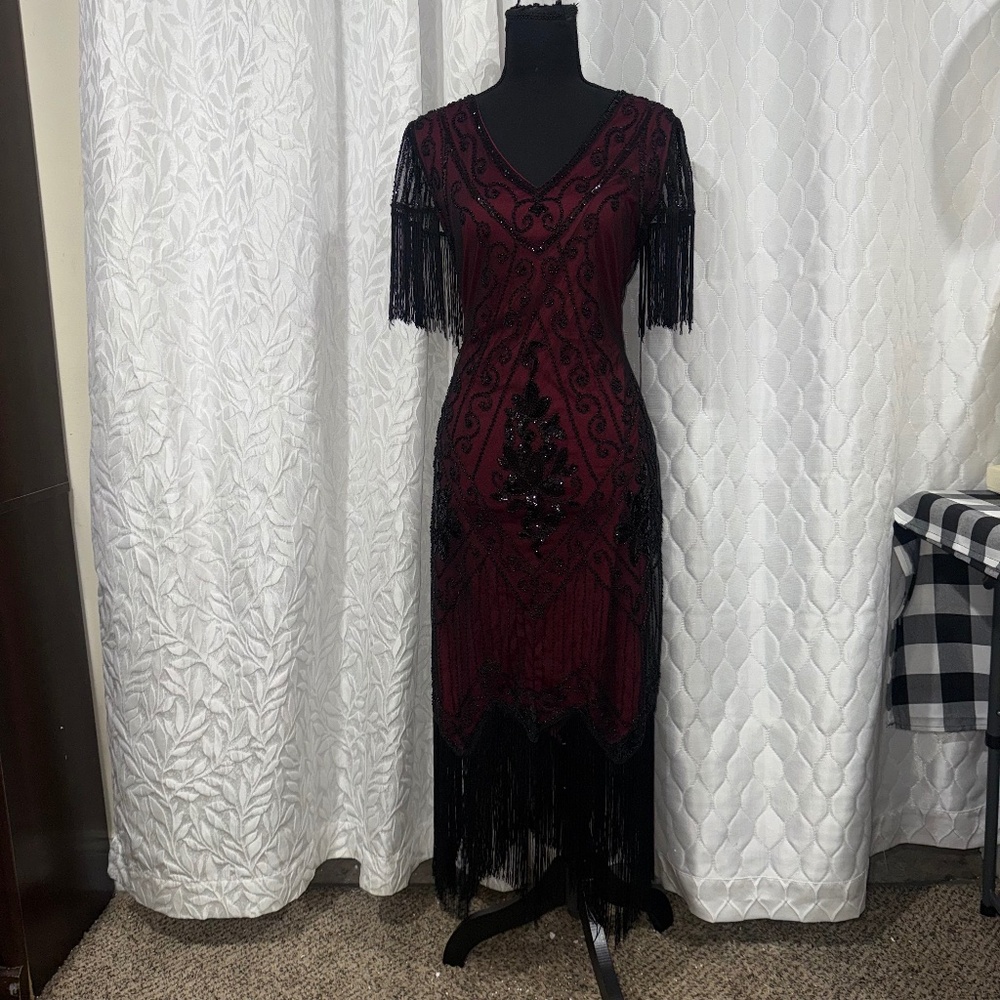 Burgundy Black Fringe Sequin Dress Large 10/12 Rhinestone Mesh Party dance Dress